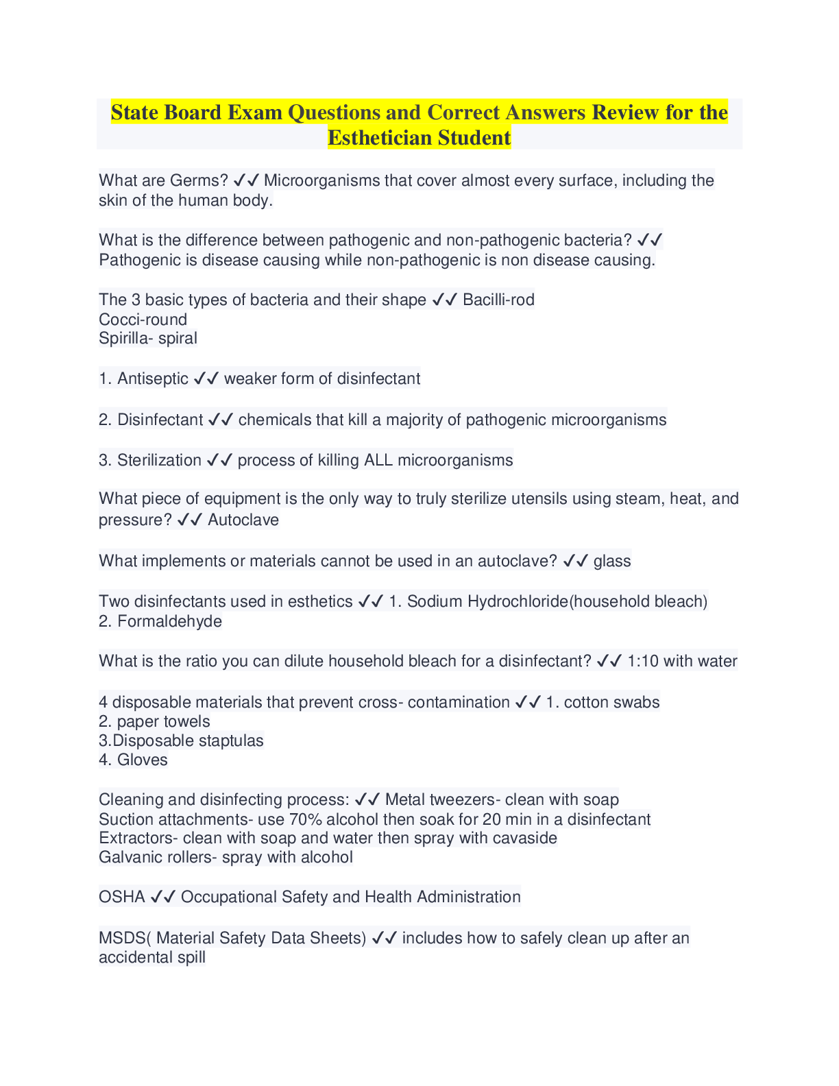 Preview image for State Board Exam Questions and Correct Answers Review for the Esthetician Student